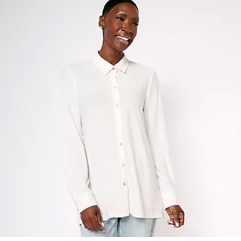 Dennis Basso Caviar Crepe Knit Button Front Big Shirt w/ Hi-Low Hem US 2X